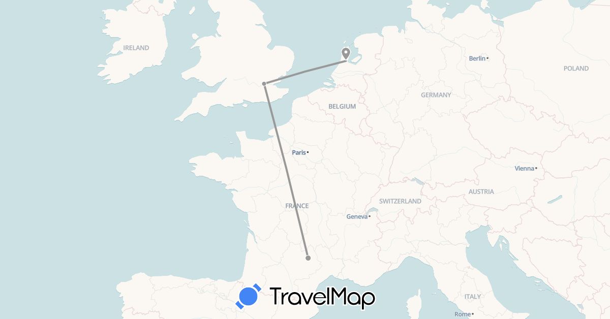 TravelMap itinerary: driving, plane in France, Netherlands (Europe)